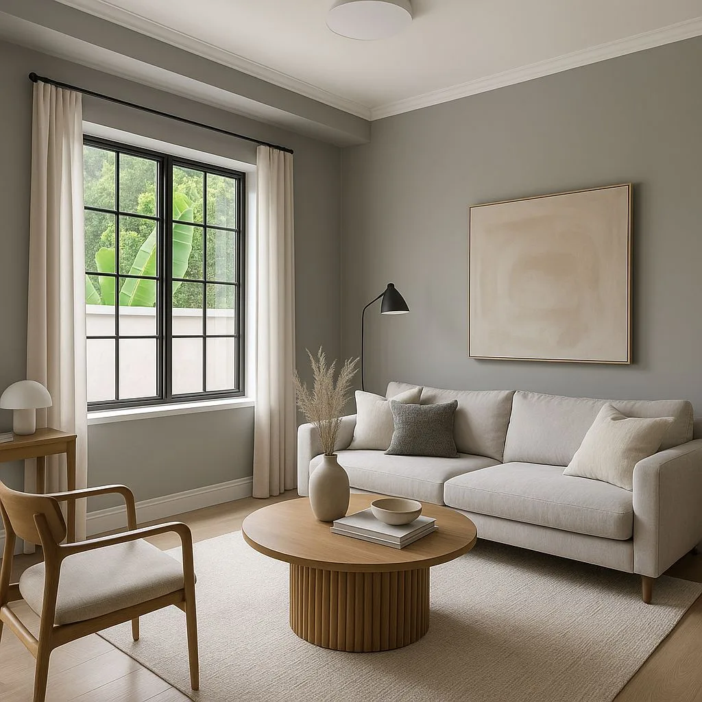 Minimalist living room with gray walls, off-white linen sofa, light wood coffee table, black floor lamp, beige rug, photorealistic interior design photography, 8k