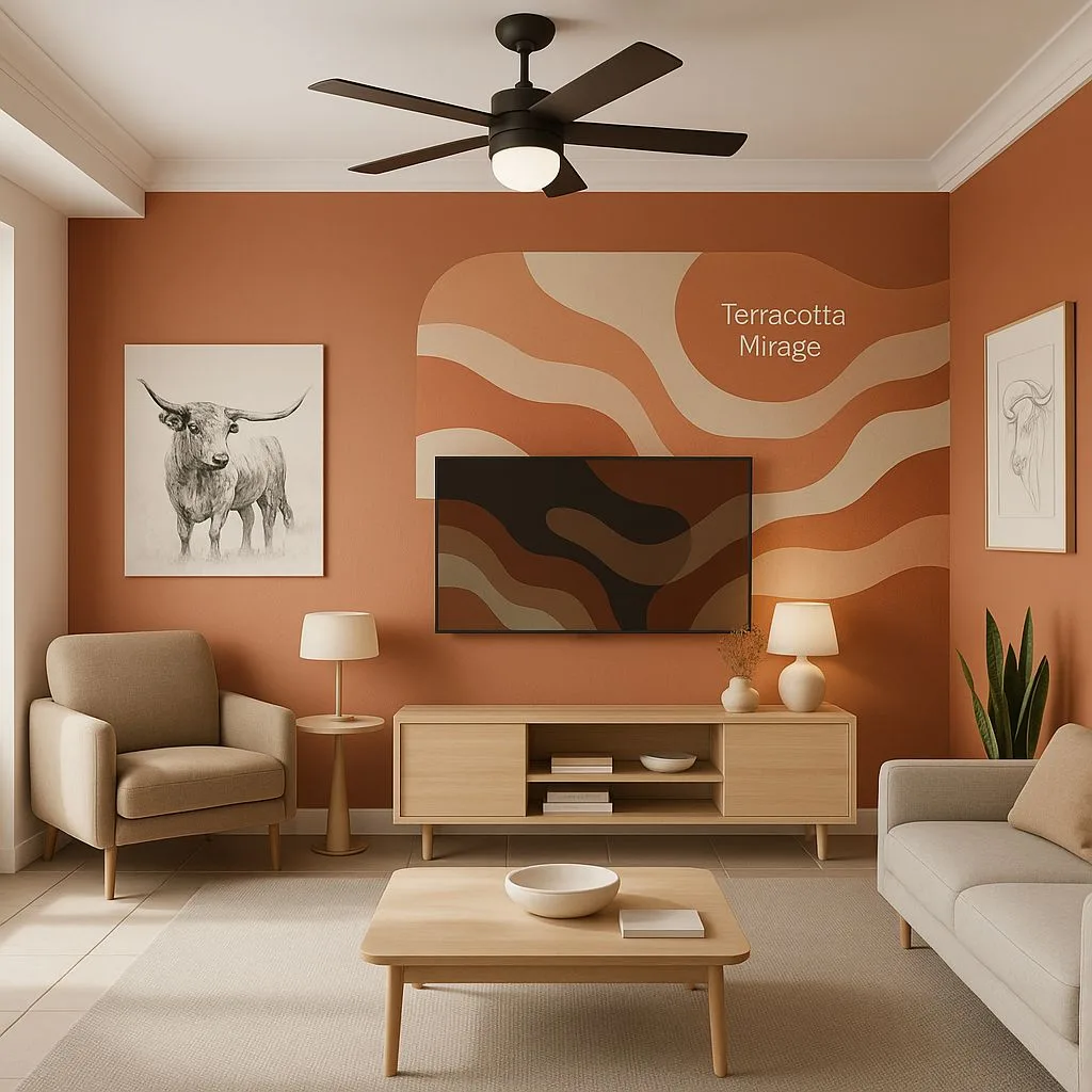 Mid-century modern living room with terracotta walls, light wood media console, beige linen sofa, black ceiling fan, abstract art, photorealistic interior design photography, 8k