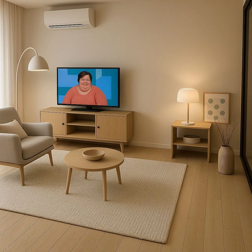 Minimalist Scandinavian living room with light oak floors, beige rug, light gray armchair, oak media console, table lamp, photorealistic interior design photography, 8k