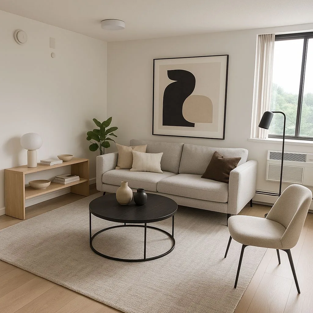 Minimalist neutral living room with light grey sofa, black metal coffee table, light wood shelving, beige linen chair, abstract art, photorealistic interior design photography, 8k