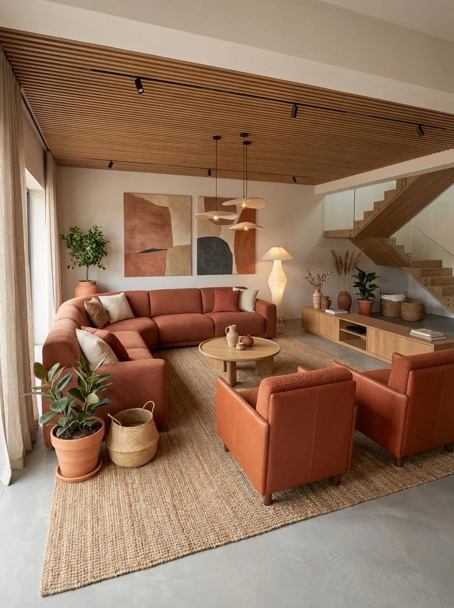 Warm modern living room with terracotta sectional, leather armchairs, jute rug, wood slat ceiling, abstract art, photorealistic interior design photography, 8k