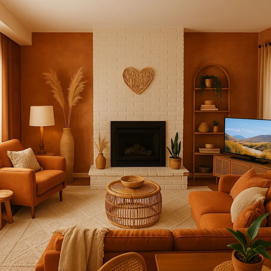 Bohemian living room with terracotta walls, white brick fireplace, rattan coffee table, orange linen sofa, pampas grass decor, photorealistic interior design photography, 8k