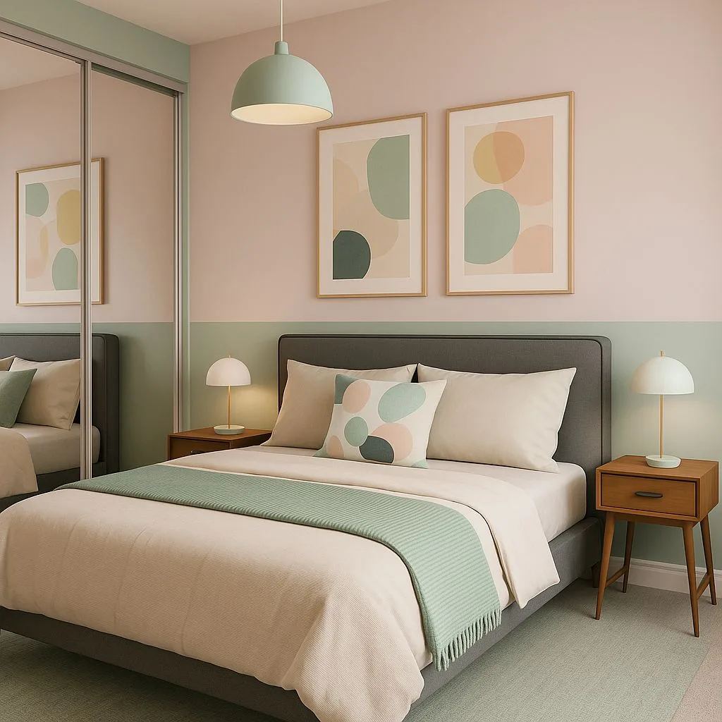 Pastel contemporary bedroom with pink and mint color block walls, gray upholstered bed, wood nightstands, abstract art, mint pendant, photorealistic interior design photography, 8k
