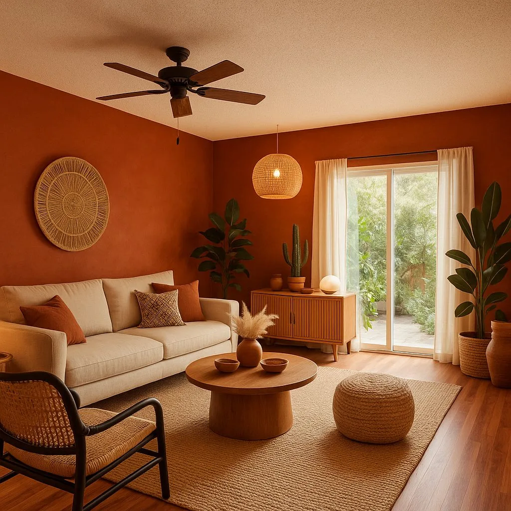 Bohemian living room with terracotta walls, jute rug, off-white sofa, woven pendant, wood media cabinet, indoor plants, photorealistic interior design photography, 8k