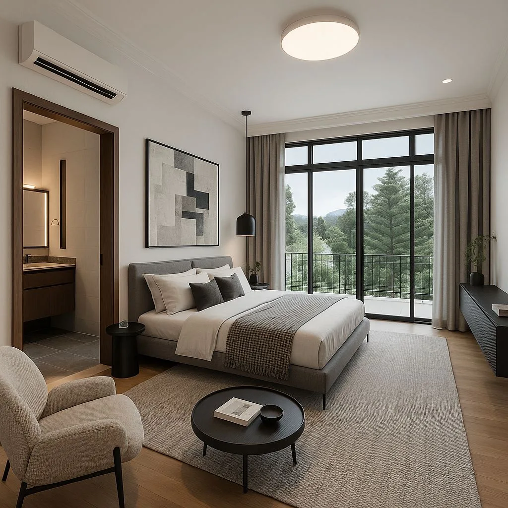 Modern minimalist bedroom with grey upholstered bed, white linens, black pendant, light wood floors, neutral curtains, photorealistic interior design photography, 8k