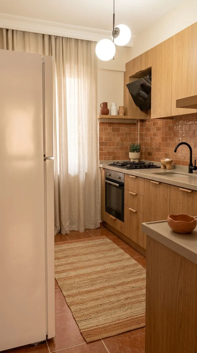 Transitional kitchen with light wood cabinets, terracotta subway tile, concrete countertops, black faucet, jute runner, globe pendant, photorealistic interior design photography, 8k