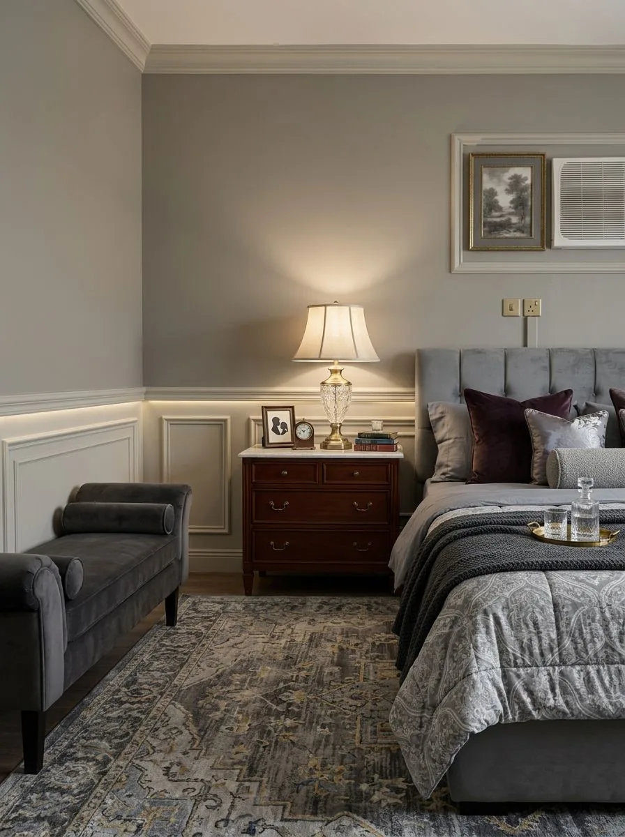 Transitional bedroom with warm grey walls, tufted headboard, velvet chaise, dark wood nightstand, patterned rug, crystal lamp, photorealistic interior design photography, 8k