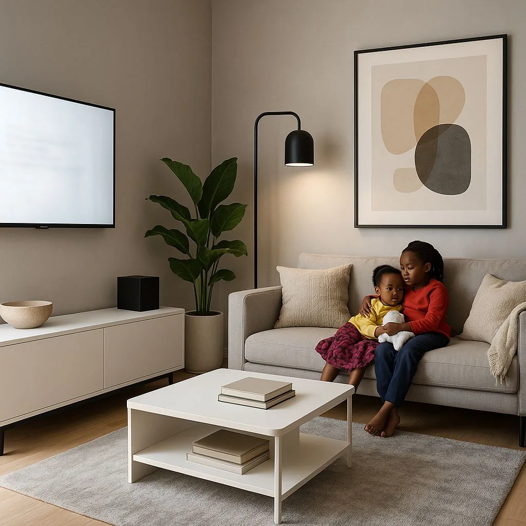 Minimalist living room with light grey walls, linen sofa, white square coffee table, black arc lamp, large abstract print, photorealistic interior design photography, 8k