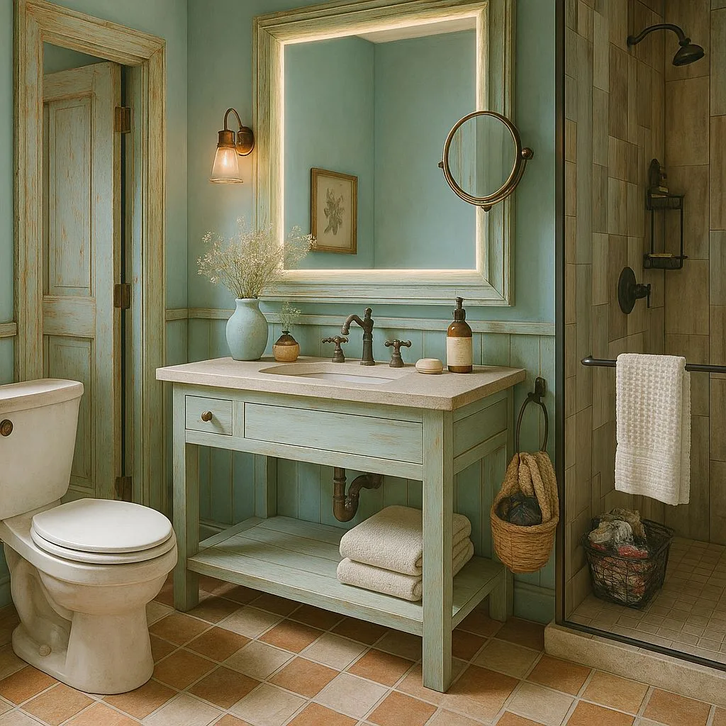 Farmhouse bathroom with light blue painted vanity, checkerboard terracotta tile, bronze faucet, illuminated mirror, wood paneling, photorealistic interior design photography, 8k