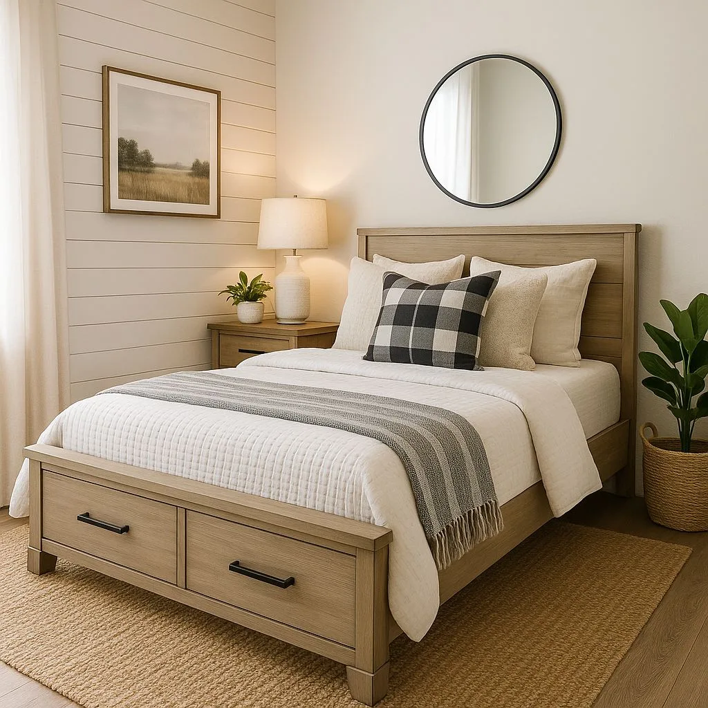 Neutral farmhouse bedroom with light wood platform bed, white quilt, black buffalo check pillows, jute rug, shiplap walls, photorealistic interior design photography, 8k
