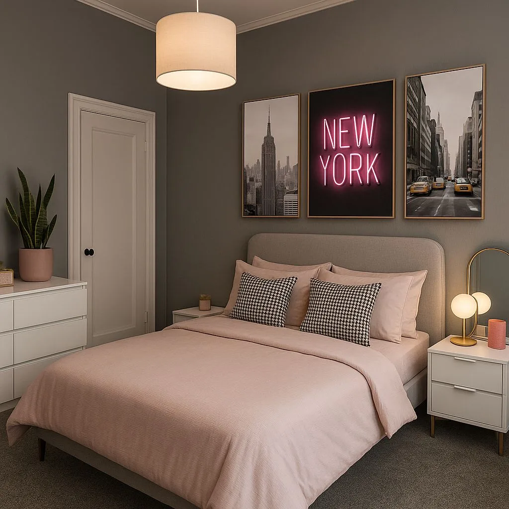 Contemporary bedroom with warm grey walls, pink linen bedding, black and white houndstooth pillows, white bedside tables, globe lamp, photorealistic interior design photography, 8k