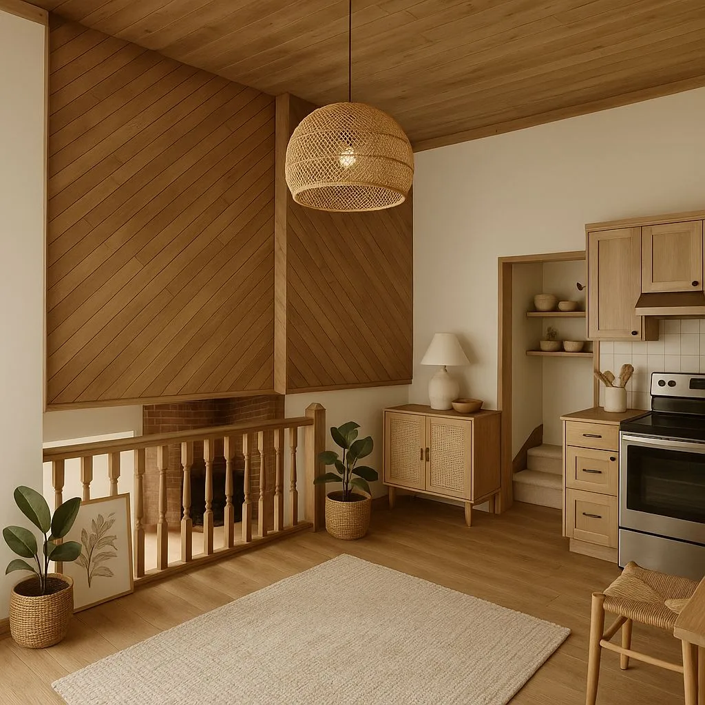 Scandinavian modern kitchen with light oak cabinets, woven pendant light, neutral rug, white walls, minimalist decor, photorealistic interior design photography, 8k