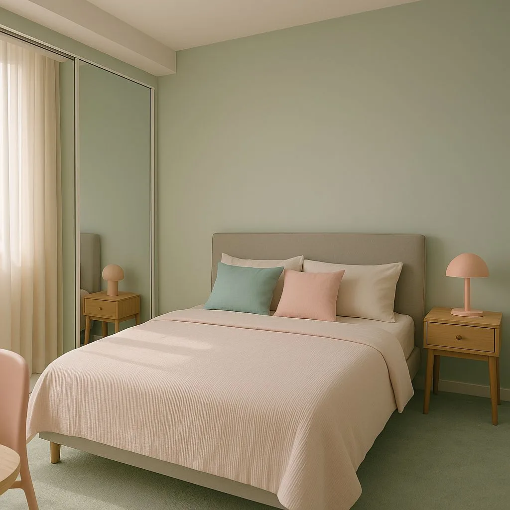 Minimalist Scandinavian bedroom with sage walls, light wood nightstands, pink mushroom lamps, blush textured bedspread, sliding mirror closet, photorealistic interior design photography, 8k