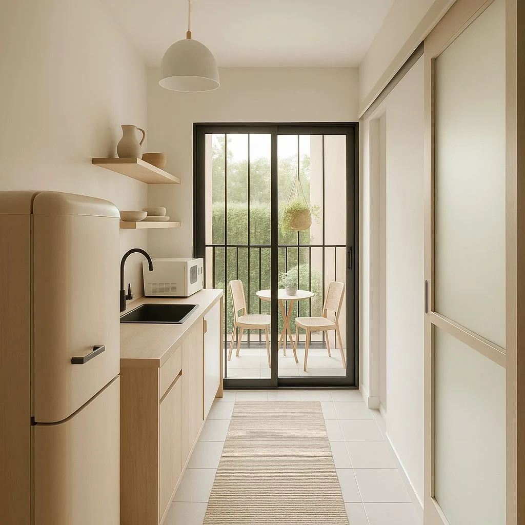 Minimalist galley kitchen with light wood cabinetry, black sink, white dome pendant, sliding glass doors, woven runner, photorealistic interior design photography, 8k