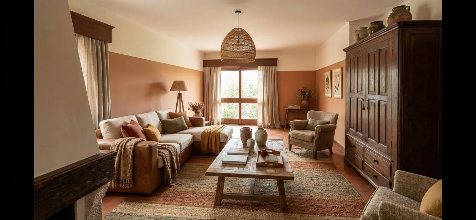 Rustic living room with terracotta walls, linen sectional sofa, reclaimed wood coffee table, woven pendant, striped rug, photorealistic interior design photography, 8k
