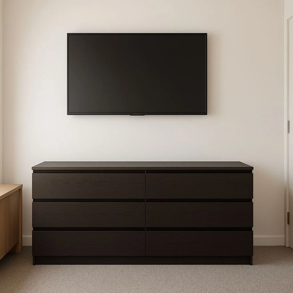 Minimalist bedroom with dark wood dresser, flatscreen TV, white walls, light grey carpet, recessed lighting, photorealistic interior design photography, 8k