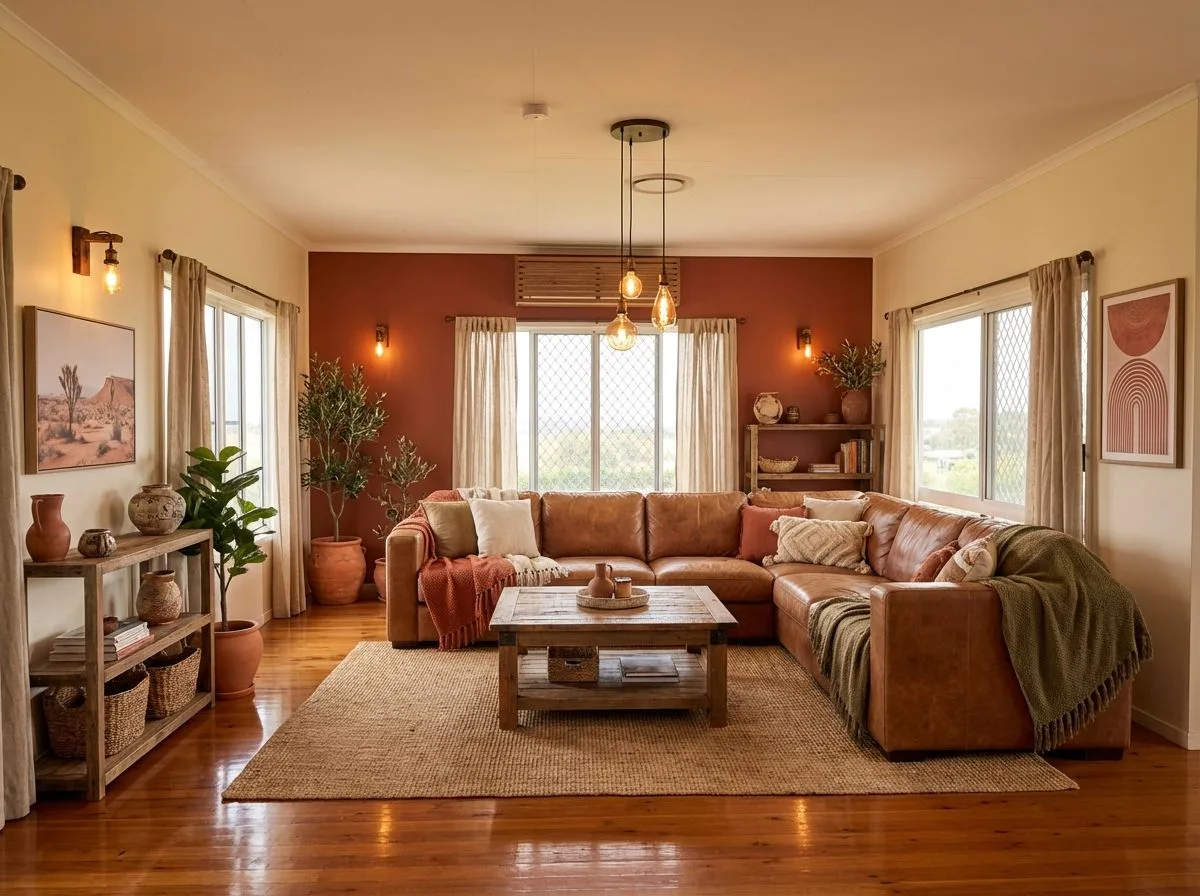 Australian living room with terracotta accent wall, brown leather sectional, jute rug, reclaimed wood coffee table, linen curtains, photorealistic interior design photography, 8k