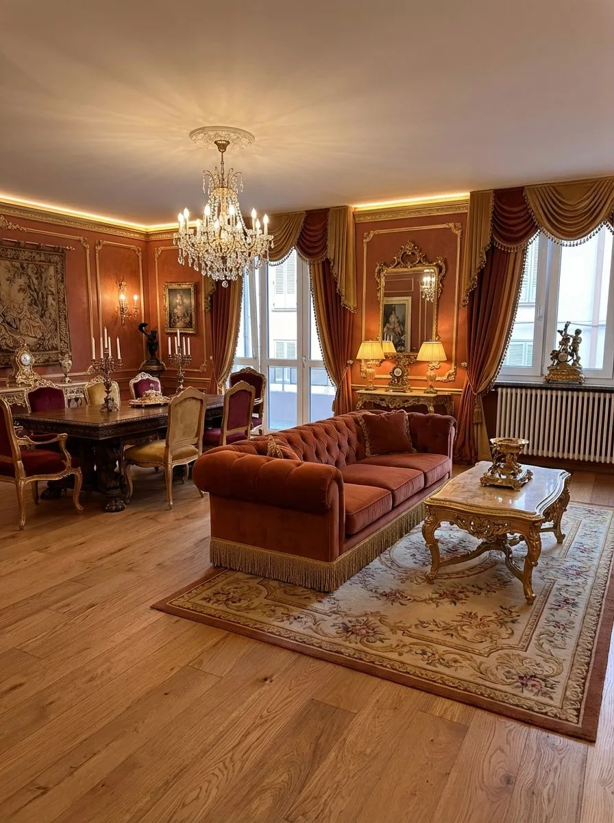 Ornate traditional living room with terracotta walls, crystal chandelier, velvet sofa, heavy drapes, gilded mirror, light hardwood floors, photorealistic interior design photography, 8k