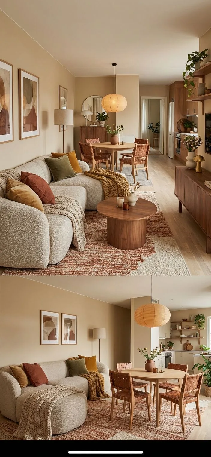 Scandinavian modern living dining room with beige walls, boucle sectional, round wood table, woven chairs, paper lantern, photorealistic interior design photography, 8k