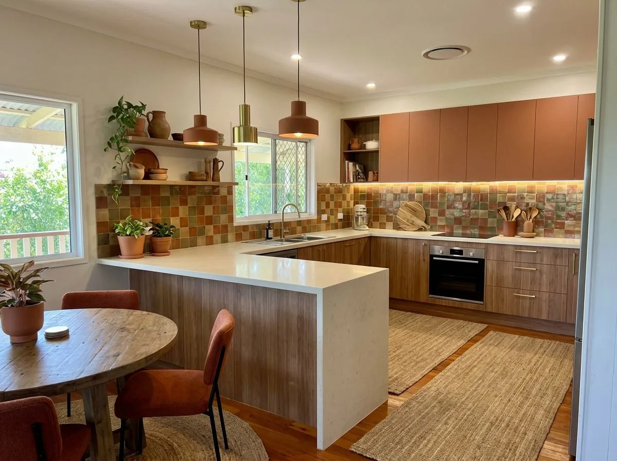 Eclectic kitchen with terracotta upper cabinets, wood lower cabinets, quartz countertops, multicolored tile backsplash, brass pendant lights, photorealistic interior design photography, 8k