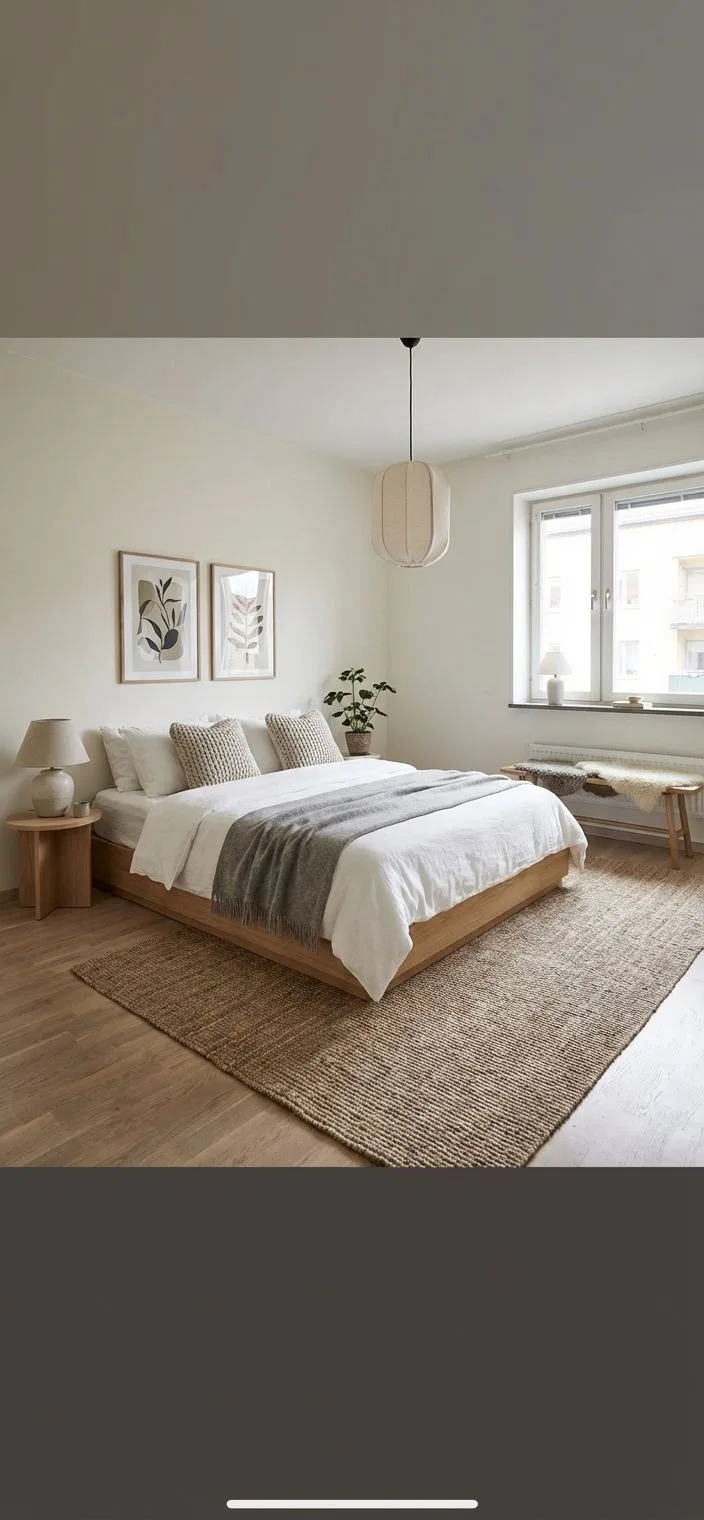 Minimalist Scandinavian bedroom with low platform bed, white linen bedding, jute rug, paper lantern pendant, light wood floors, photorealistic interior design photography, 8k