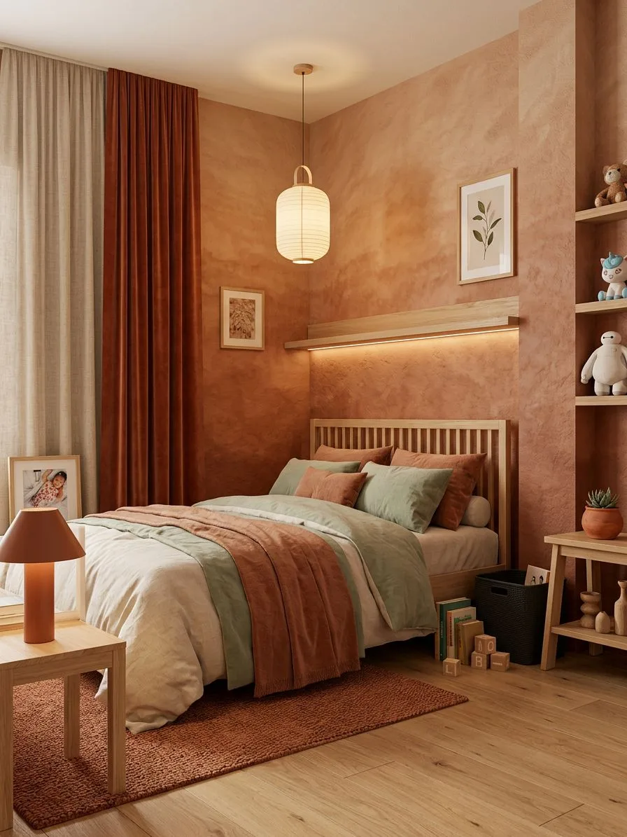 Scandinavian kids bedroom with terracotta textured walls, light wood bedframe, sage green linen bedding, paper lantern pendant, rust curtains, photorealistic interior design photography, 8k