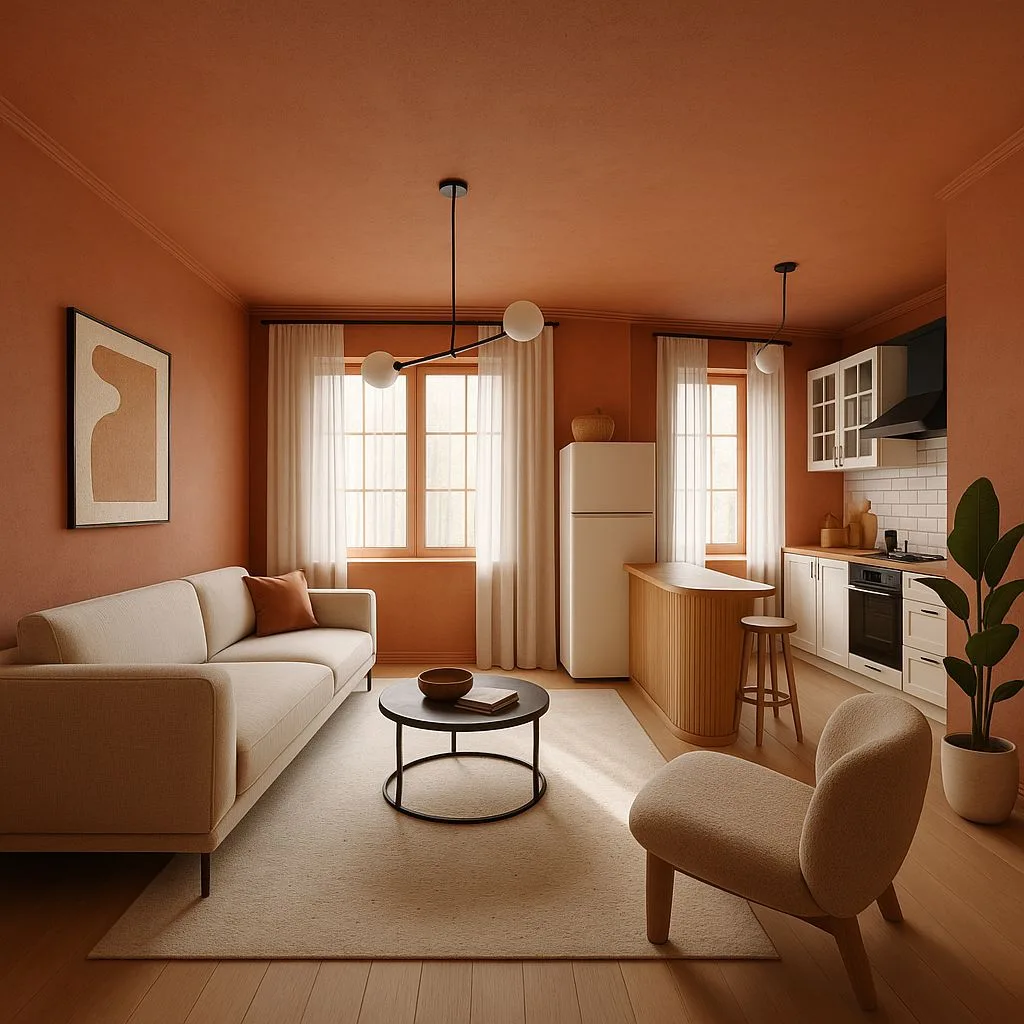 Minimalist terracotta living room and kitchen with white cabinets, light wood floors, linen sofa, black coffee table, globe pendant lighting, photorealistic interior design photography, 8k