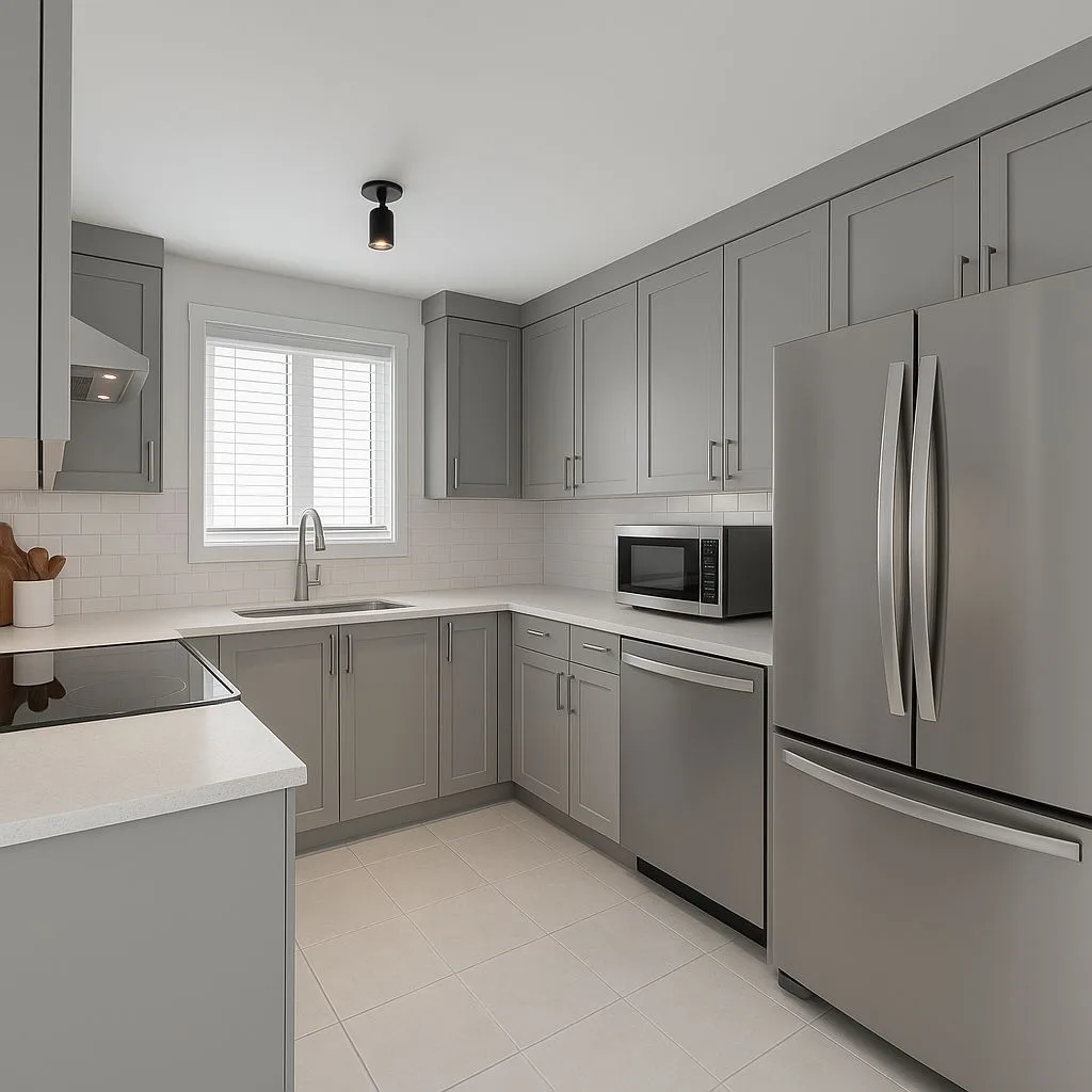 Transitional kitchen with light grey cabinets, white quartz countertops, stainless steel appliances, subway tile backsplash, neutral tile floors, photorealistic interior design photography, 8k