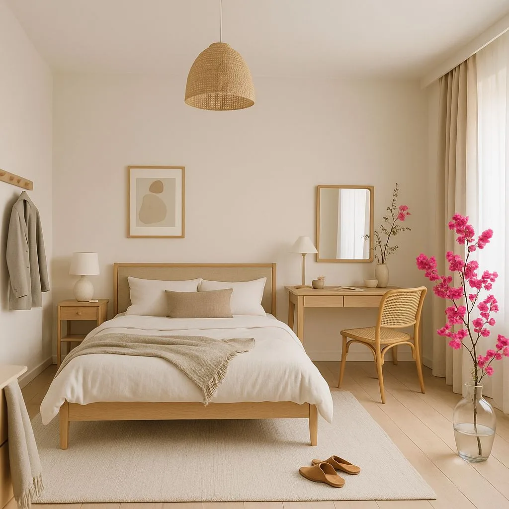 Scandinavian bedroom with light wood bed, white linen bedding, rattan pendant light, wood desk, cane chair, photorealistic interior design photography, 8k
