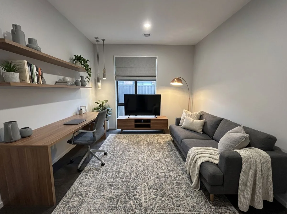 Contemporary living room with gray sofa, wood desk, floating shelves, patterned rug, copper floor lamp, photorealistic interior design photography, 8k