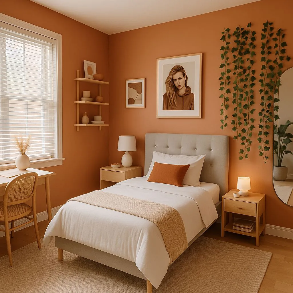 Contemporary bedroom with terracotta walls, gray upholstered bed, light wood nightstands, woven rug, trailing ivy accent, photorealistic interior design photography, 8k