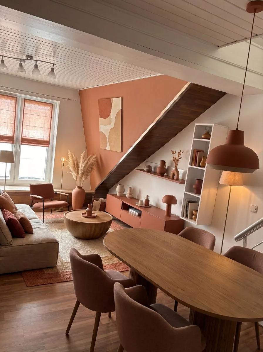 Modern terracotta living room with linen sofa, round wood coffee table, pampas grass, terracotta pendant lamp, wood dining table, photorealistic interior design photography, 8k