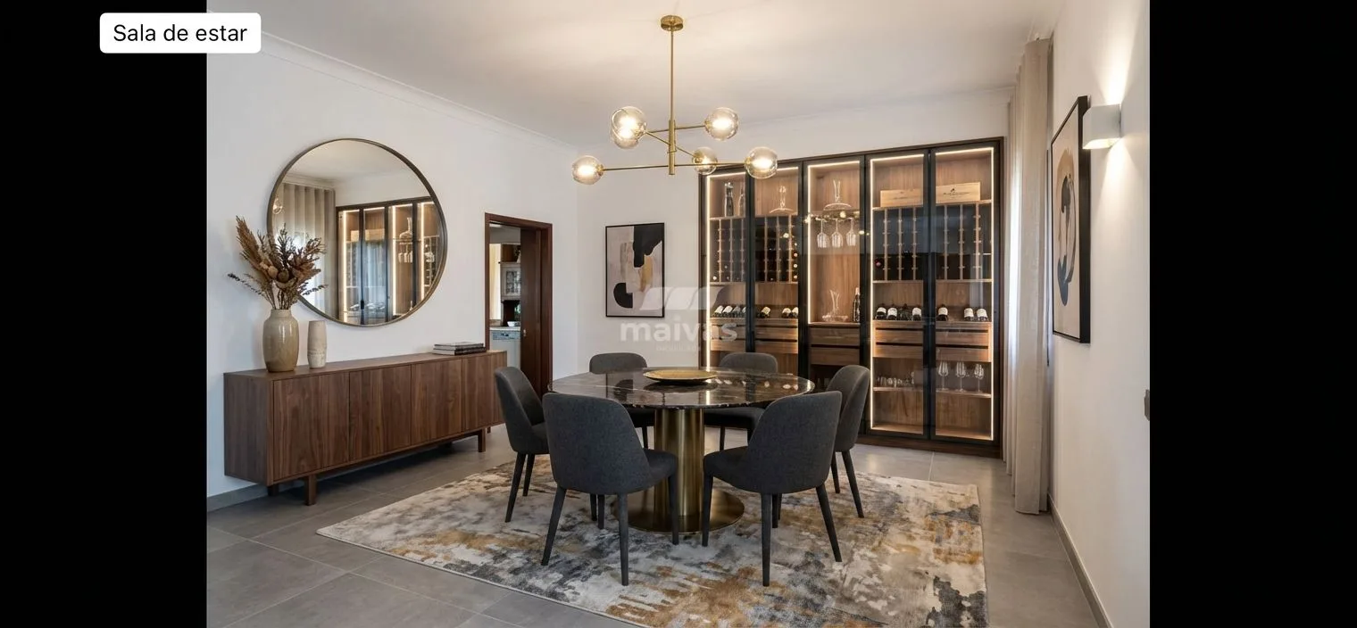 Contemporary dining room with marble table, gray upholstered chairs, walnut sideboard, built-in wine storage, brass sputnik chandelier, photorealistic interior design photography, 8k