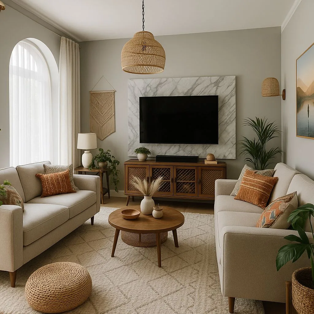 Neutral bohemian living room with light grey walls, off-white sofas, woven jute rug, rattan pendant light, wood media console, marble accent, photorealistic interior design photography, 8k