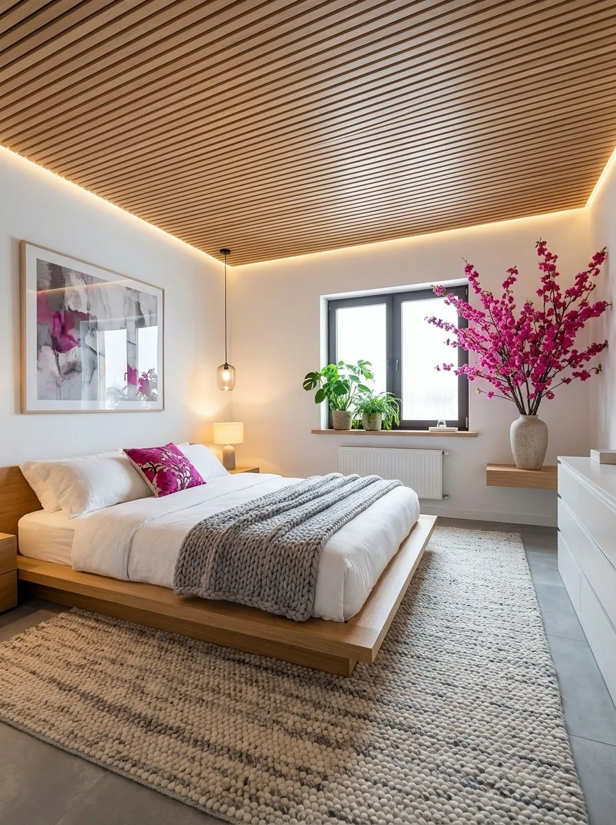 Modern minimalist bedroom with light wood slat ceiling, platform bed, white bedding, chunky knit blanket, glass pendant light, photorealistic interior design photography, 8k