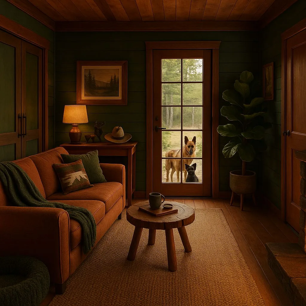 Rustic cabin living room with dark green paneling, terracotta sofa, round wood table, jute rug, wood trim, photorealistic interior design photography, 8k