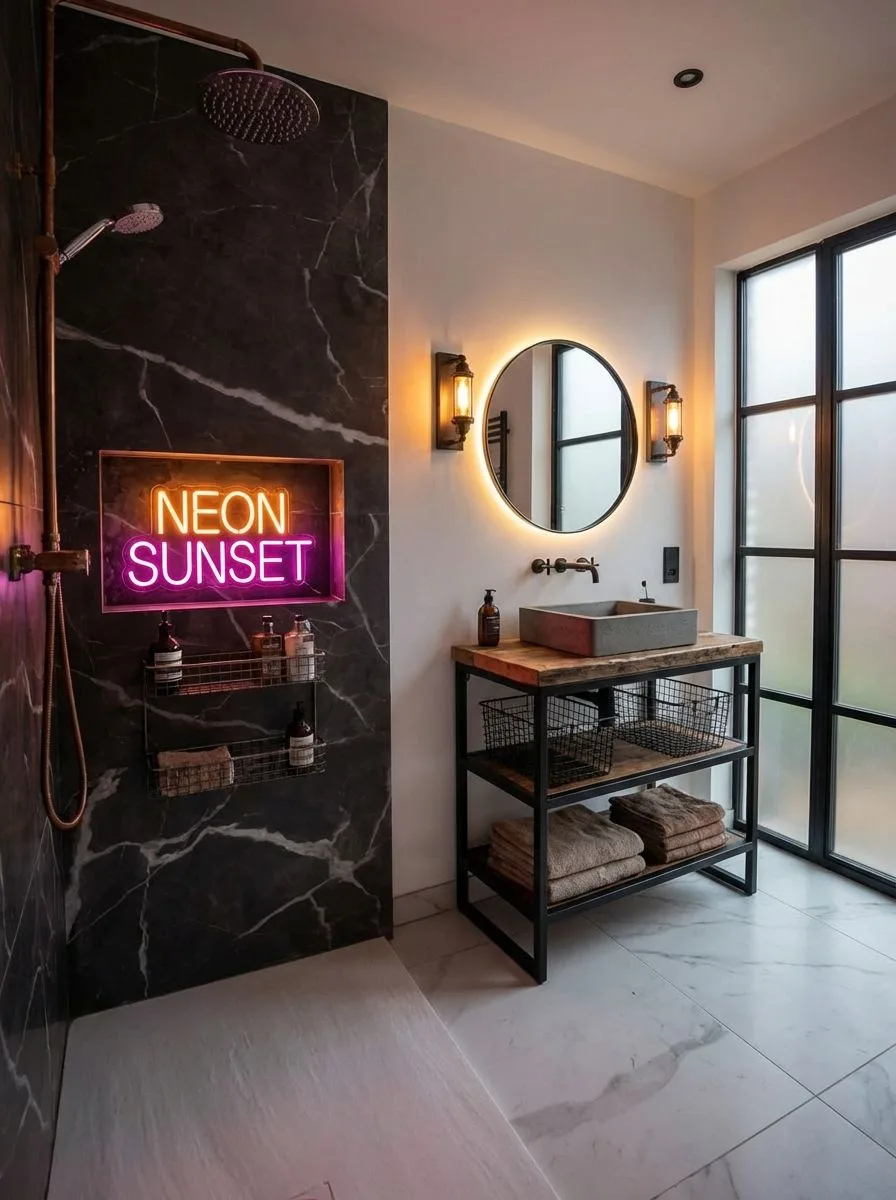 Modern industrial bathroom with black marble shower, neon sign, round mirror with sconces, wood vanity, metal shelving, photorealistic interior design photography, 8k