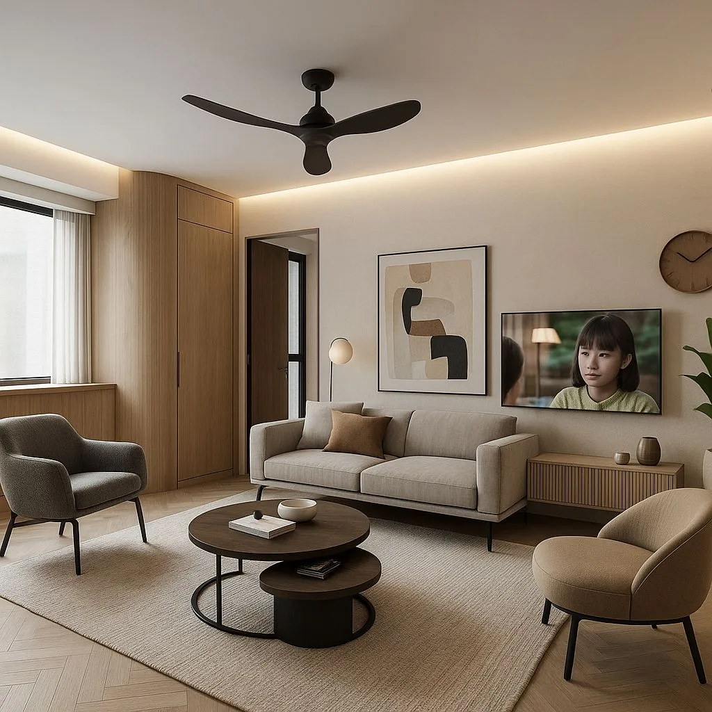 Minimalist living room with light wood paneling, beige linen sofa, round nesting tables, black ceiling fan, recessed lighting, photorealistic interior design photography, 8k