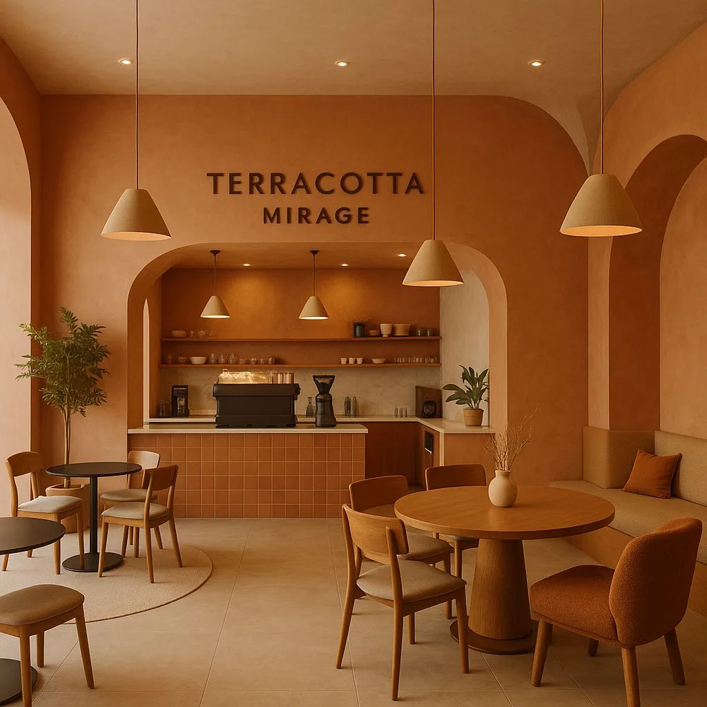 Minimalist cafe interior with terracotta walls, light wood tables, wood chairs, cone pendant lights, built-in banquette, photorealistic interior design photography, 8k
