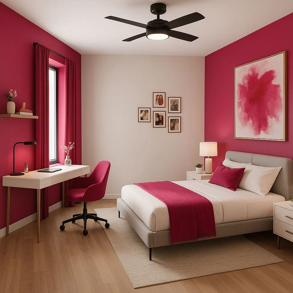 Contemporary bedroom with magenta walls, grey upholstered bed, white desk, magenta chair, light wood floors, photorealistic interior design photography, 8k