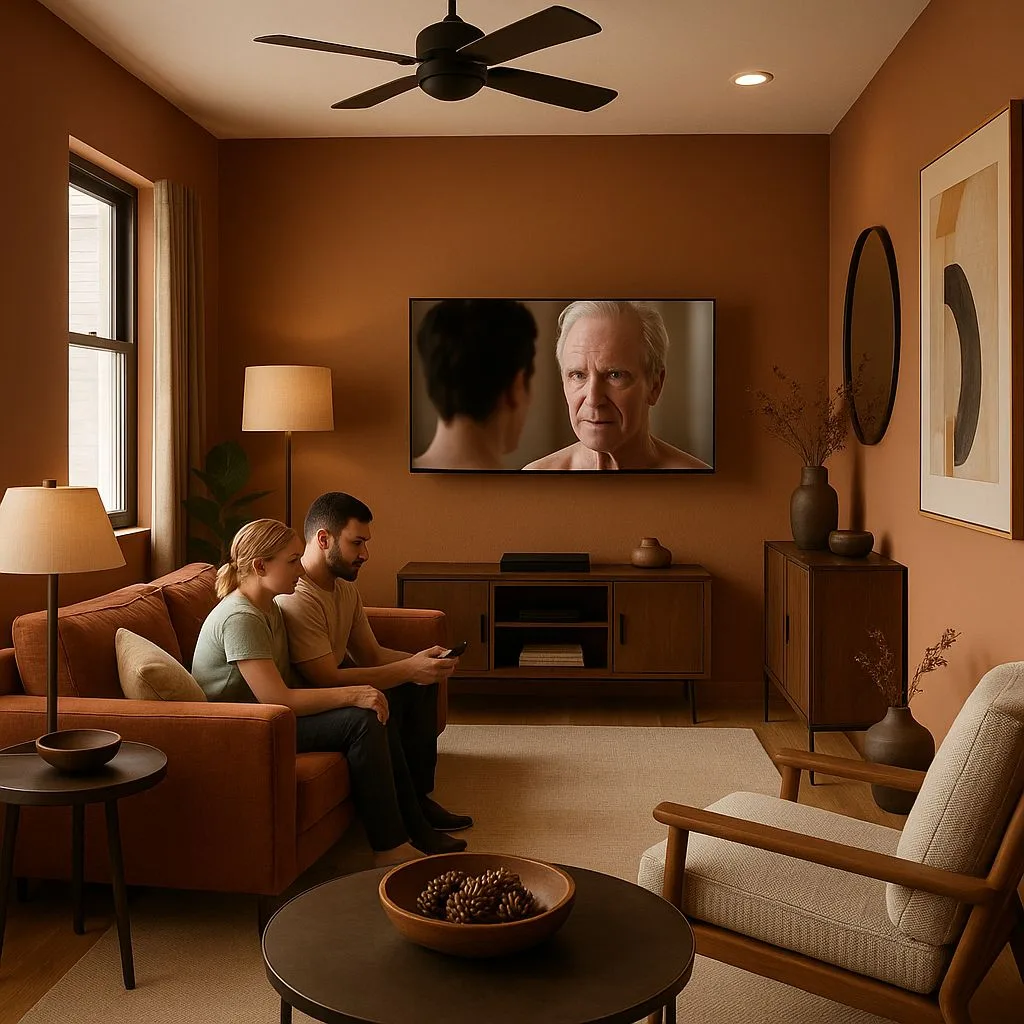Mid-century modern living room with terracotta walls, wood media console, rust sofa, neutral rug, black ceiling fan, photorealistic interior design photography, 8k