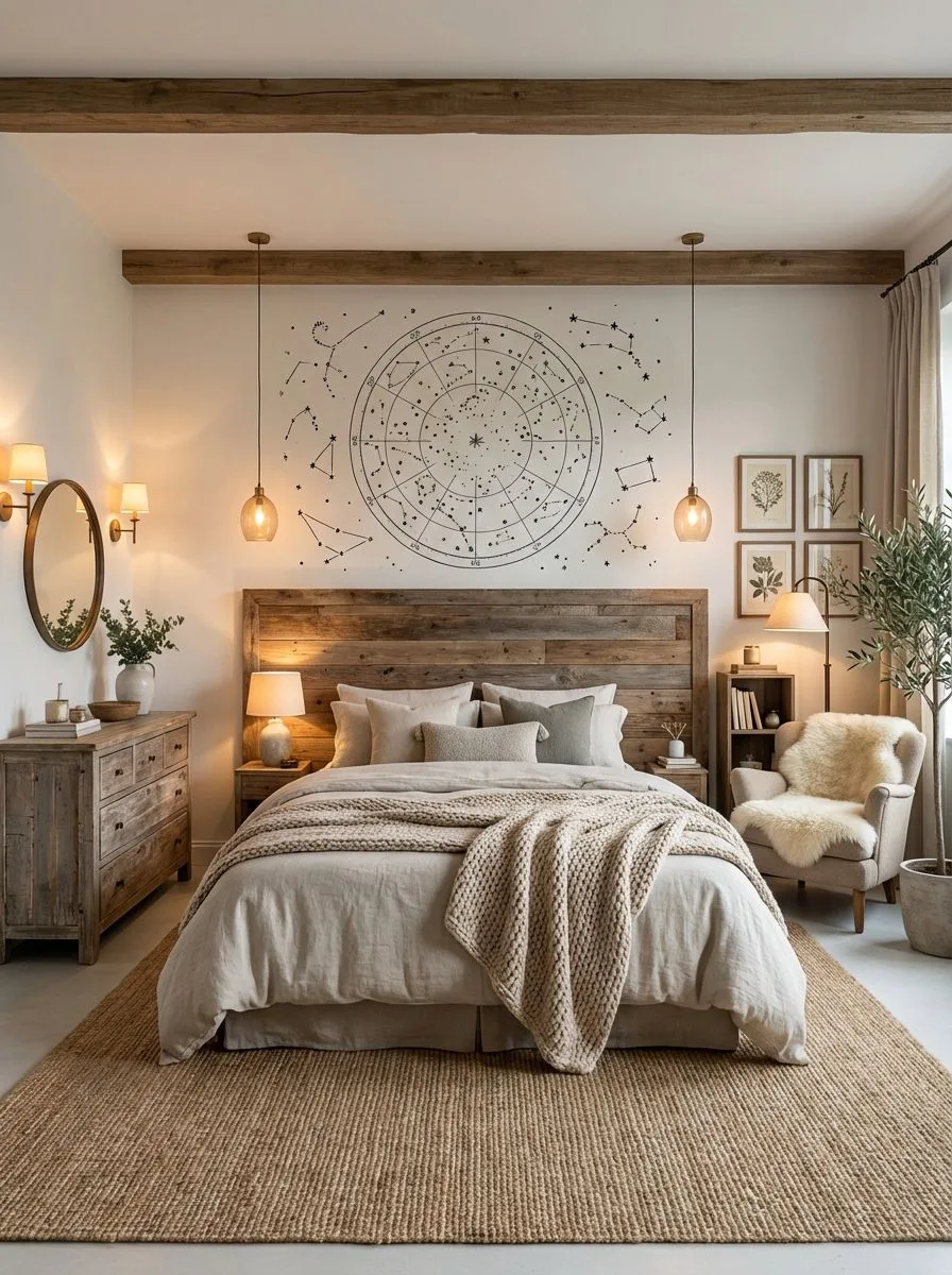 Rustic bedroom with wood headboard, exposed wood beams, linen bedding, jute rug, constellation wall art, photorealistic interior design photography, 8k