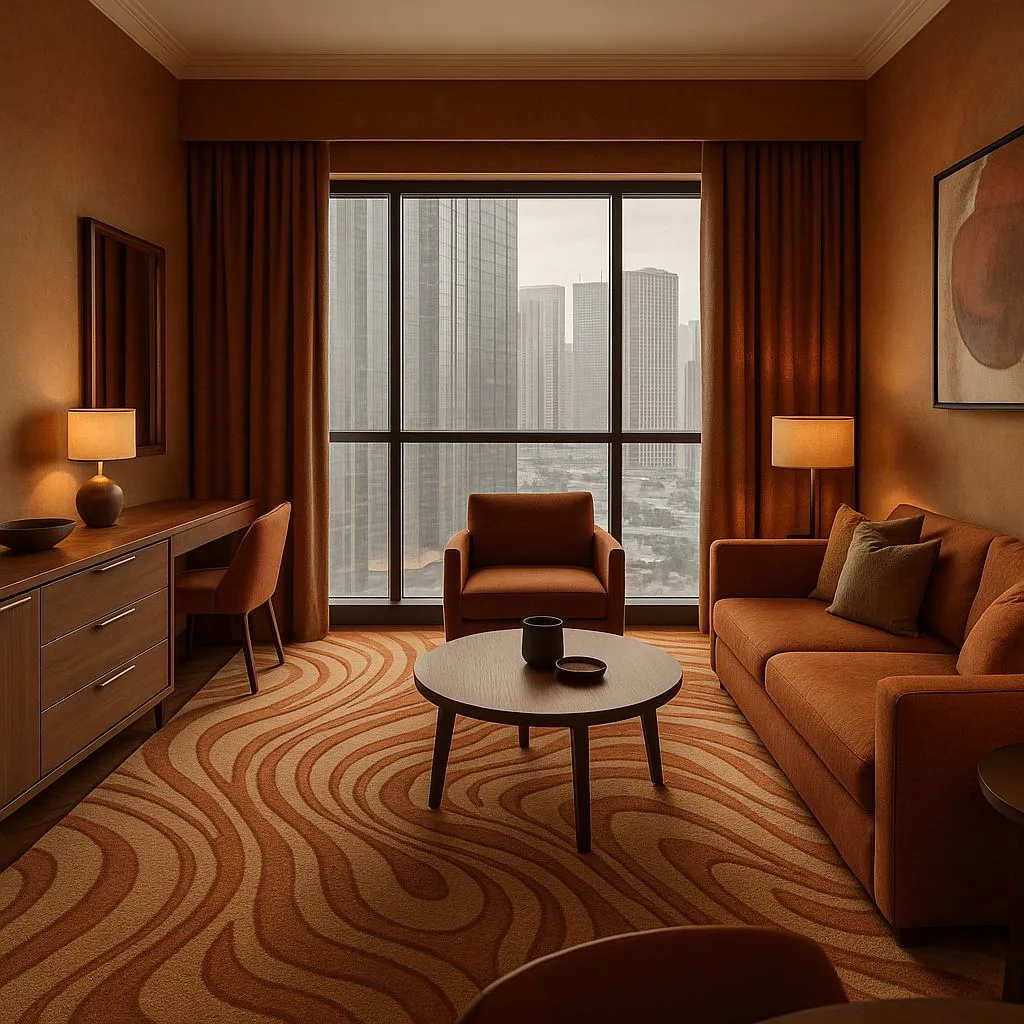 Contemporary burnt orange living room with patterned carpet, wood desk, large windows, city view, warm lamps, photorealistic interior design photography, 8k