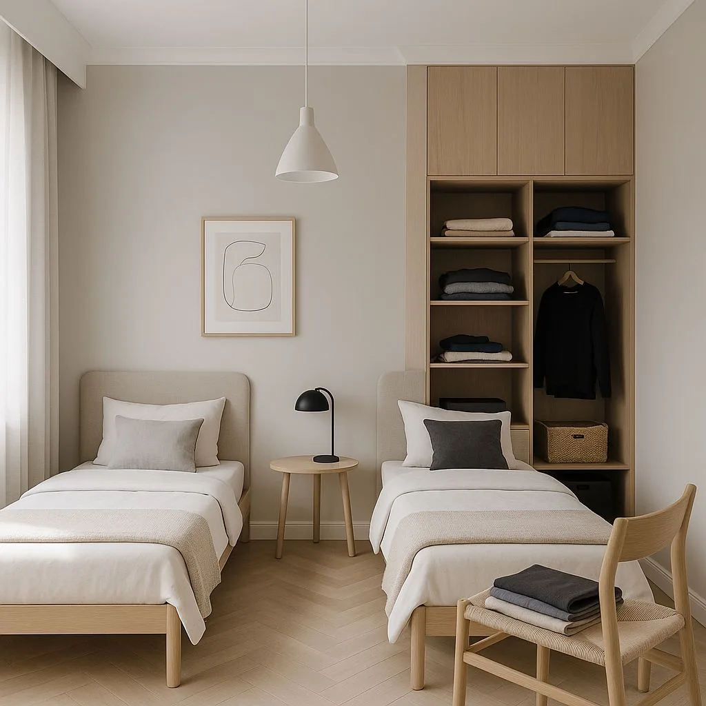 Neutral Scandinavian bedroom with twin beds, light wood herringbone floors, built-in oak wardrobe, simple white pendant, minimalist artwork, photorealistic interior design photography, 8k