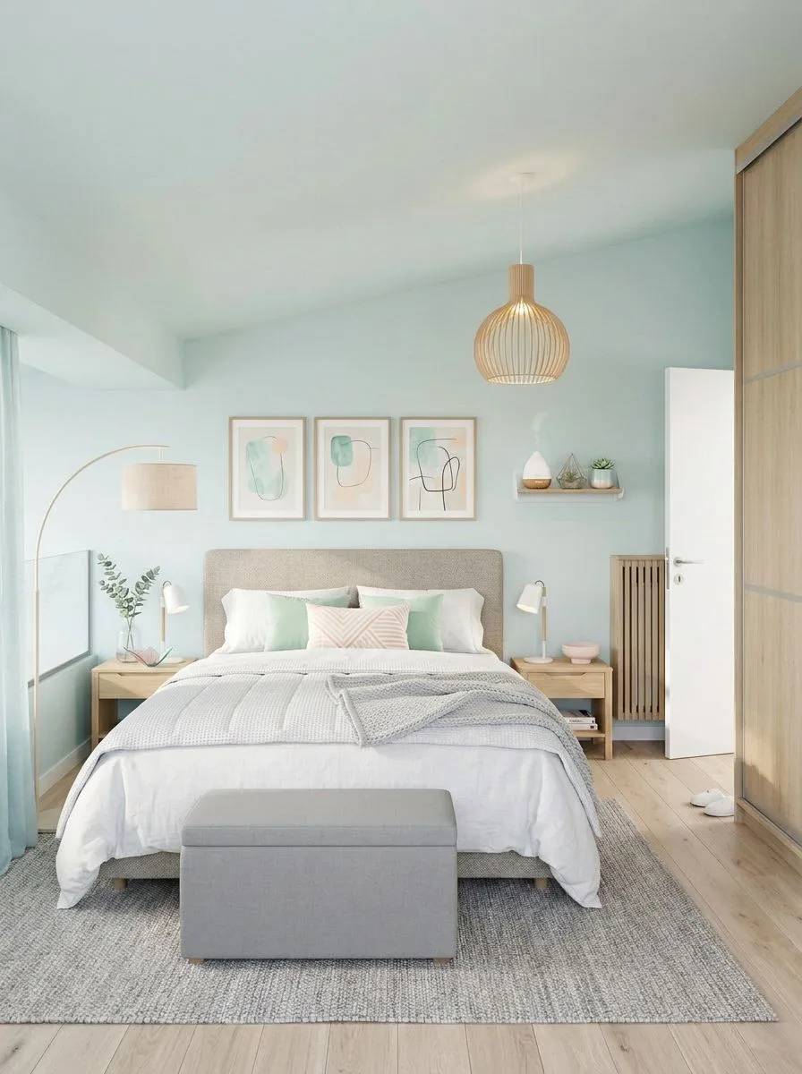 Scandinavian bedroom with light blue walls, natural wood floors, upholstered headboard, white bedding, woven wood pendant, photorealistic interior design photography, 8k