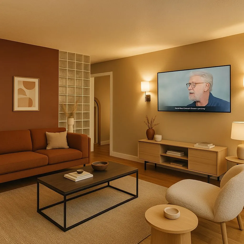 Warm modern living room with rust accent wall, light wood console, boucle chair, black metal coffee table, neutral rug, photorealistic interior design photography, 8k