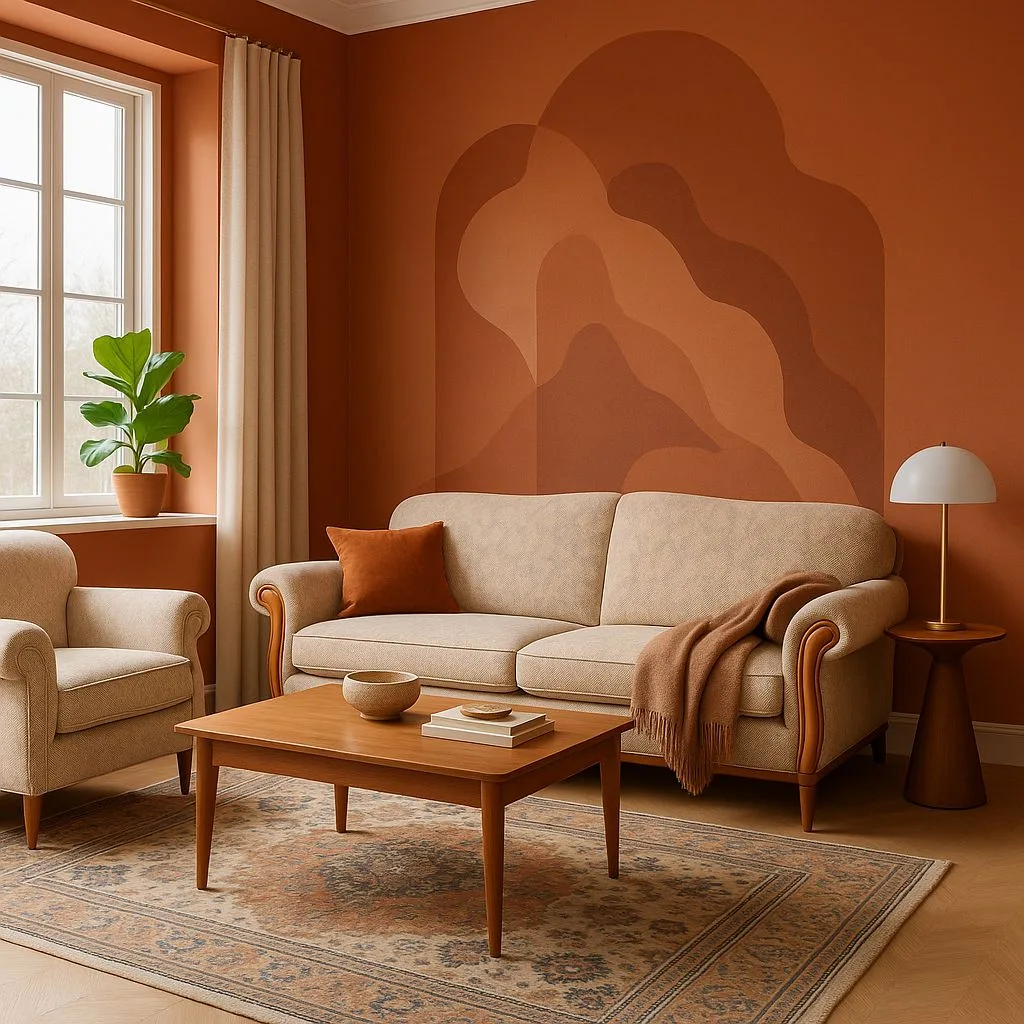 Mid-century modern living room with terracotta painted walls, beige linen sofa, wood coffee table, patterned rug, dome table lamp, photorealistic interior design photography, 8k