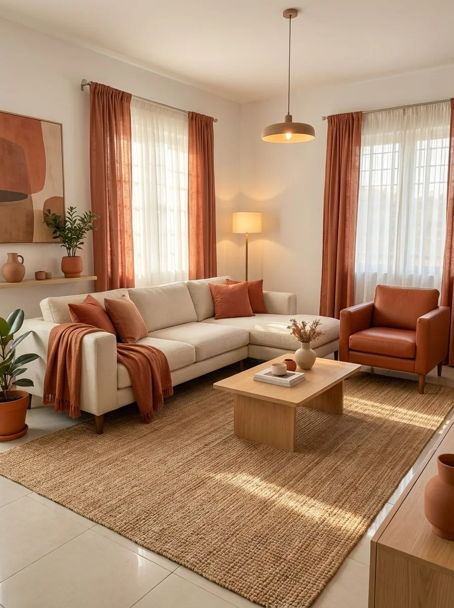 Neutral modern living room with cream sectional sofa, terracotta curtains, jute rug, light wood coffee table, ceramic vases, photorealistic interior design photography, 8k