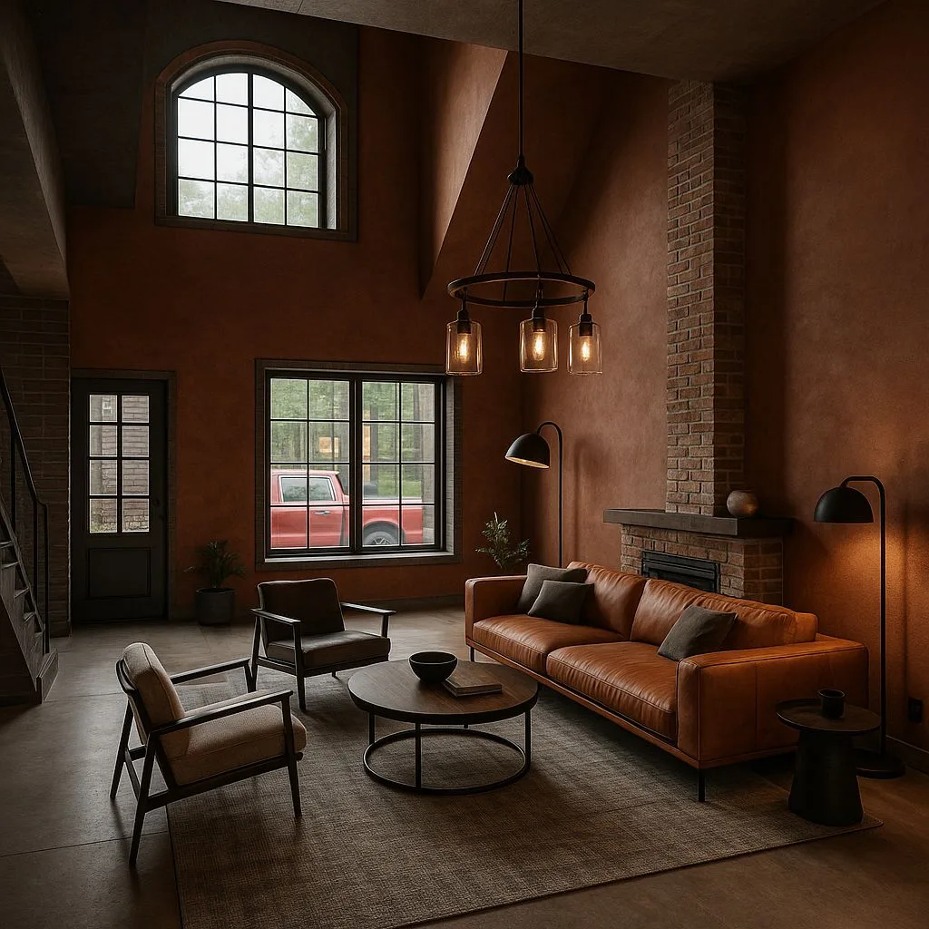 Rustic industrial living room with terracotta walls, brown leather sofa, brick fireplace, concrete floors, black metal chandelier, black floor lamps, photorealistic interior design photography, 8k