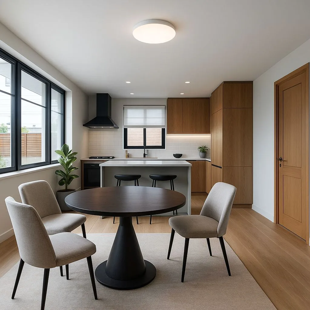 Modern minimalist dining room with light wood floors, black pedestal table, neutral linen chairs, white island, black window frames, photorealistic interior design photography, 8k